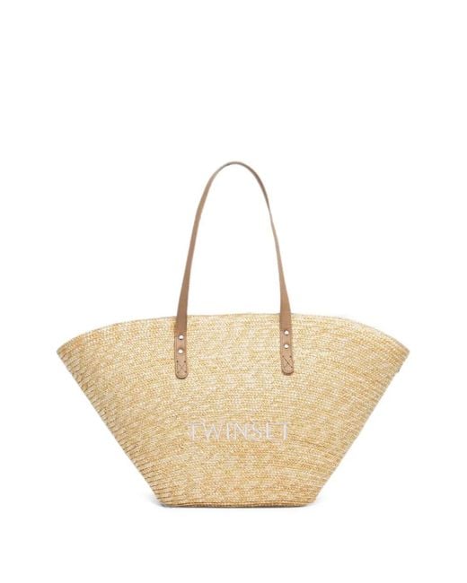 Twinset Natural Logo-Embroidered Woven Beach Bag