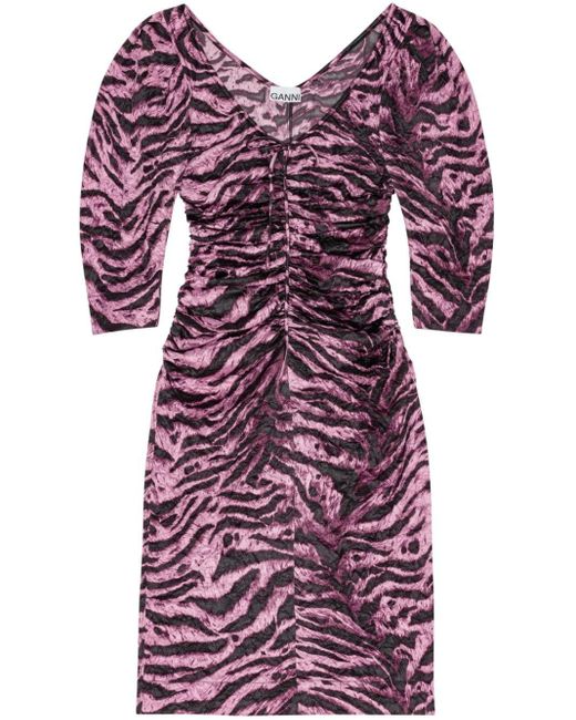Ganni Purple Tiger-print Crinkled Midi Dress