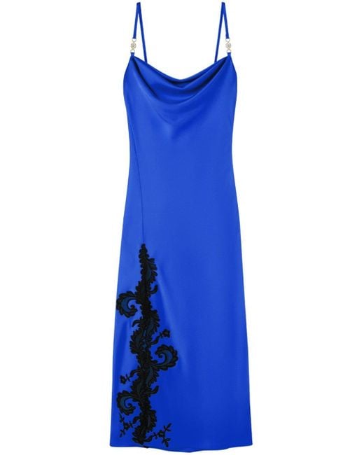 Versace Blue Barocco-lace Embellished Satin Midi Dress