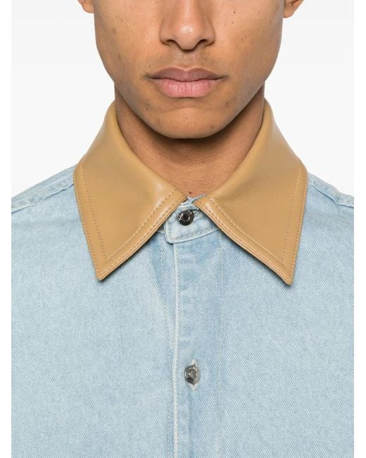 Nanushka Blue Leather-Collar Denim Shirt for men