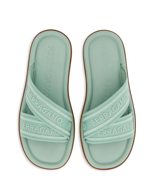 Ferragamo Green Logo-Print Round-Toe Slides