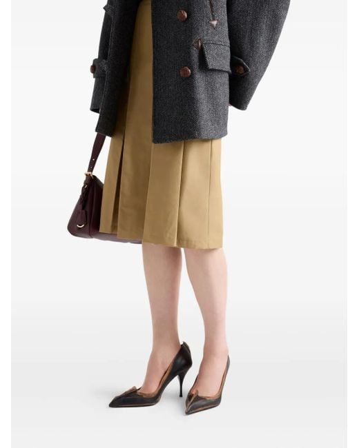 Prada Natural Box-Pleat Kick-Pleat Midi Skirt