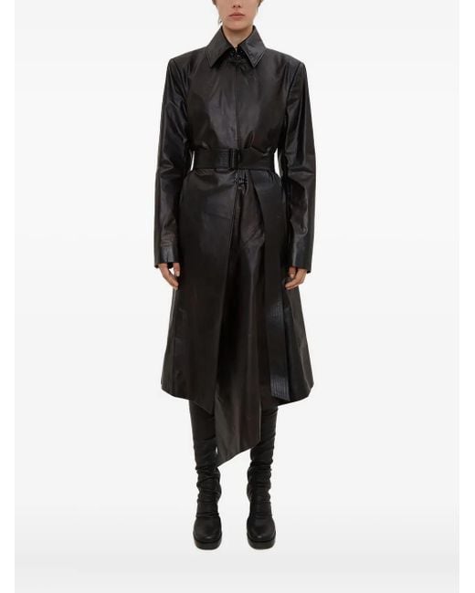 Olivier Theyskens Black Pointed-Collar Belted Leather Coat