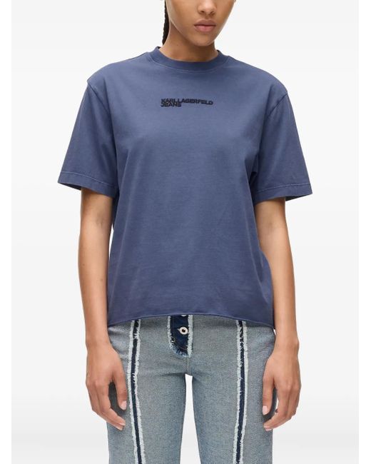Karl Lagerfeld Blue Logo-Embroidered T-Shirt