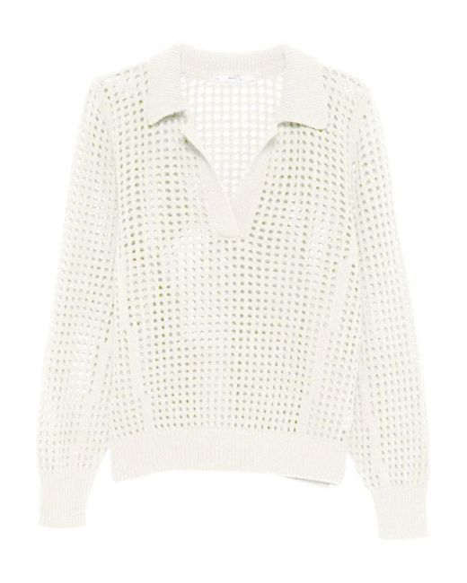 3311 White Openwork Polo-Collar Sweater