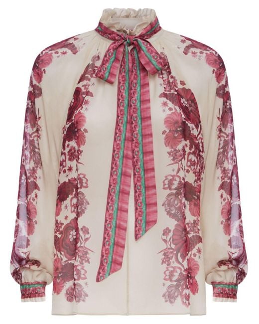 LaDoubleJ Pink Cerere Floral-print Silk Blouse