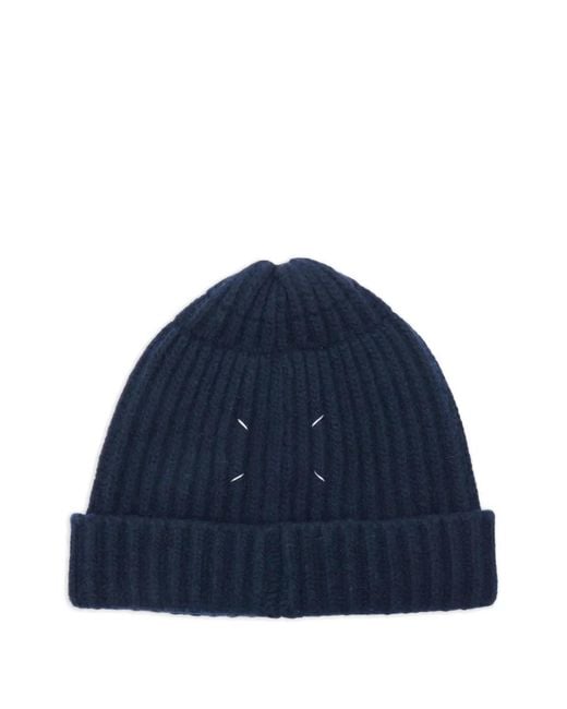Maison Margiela Men's Blue Ribbed-Knit Beanie Hat
