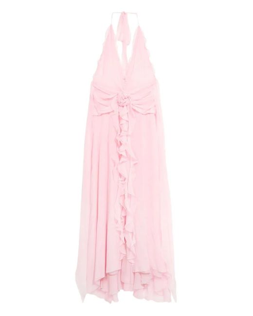 Vestido largo con aplique de rosa y volantes Blumarine de color Pink