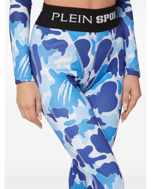 Philipp Plein Blue Camouflage-print Logo-waistband leggings