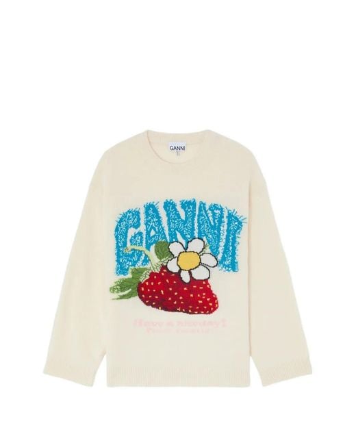 Ganni White Wool Crewneck Sweater