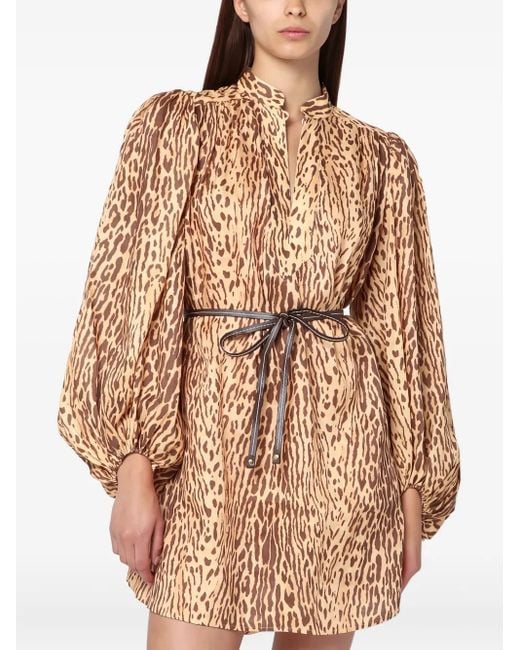 Zimmermann Brown Leopard-Print Puff-Sleeve Mini Dress