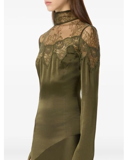 Blumarine Green Lace-Detail High-Neck Midi Dress