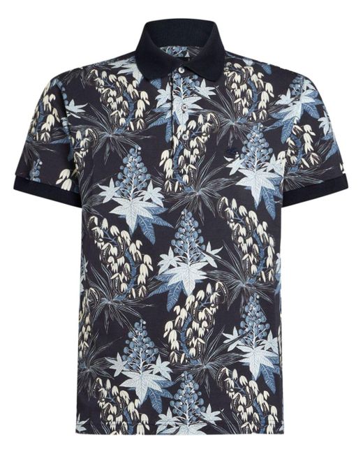 Etro Blue Leaf-print Cotton Polo Shirt for men