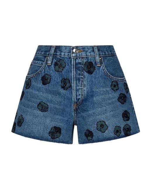FRAME Blue Floral-Appliqué Denim Shorts
