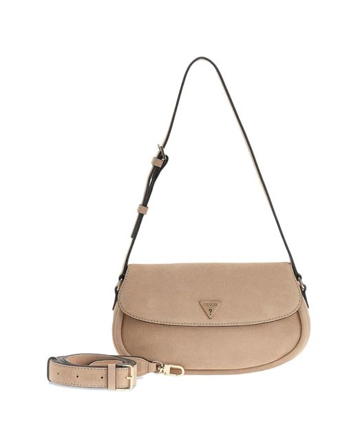 Guess Natural Suede-Texture Logo-Plaque Shoulder Bag