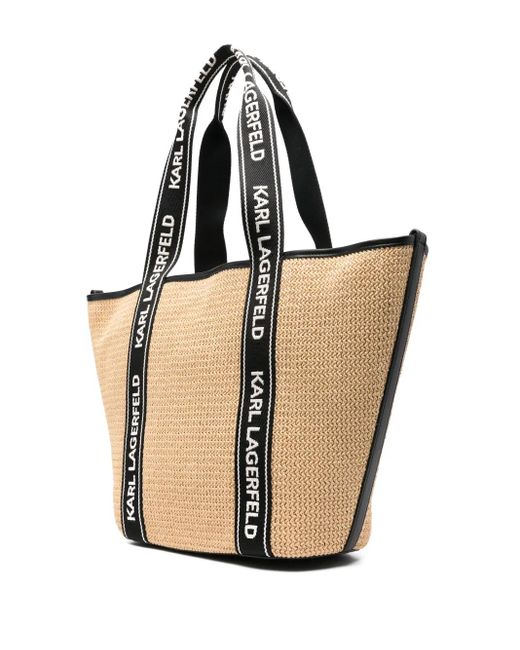 Karl Lagerfeld White Logo-Patch Raffia Beach Bag