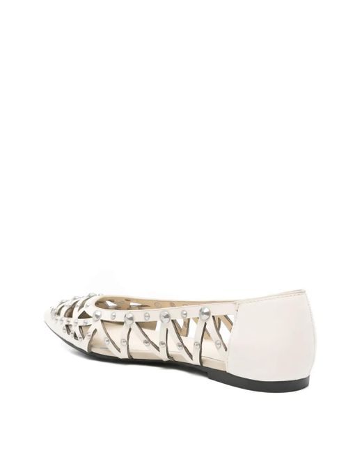Ash White Pointed-Toe Studded Flat Pumps