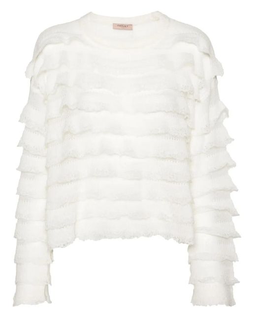 Twinset White Ruffled Open-Knit Jumper