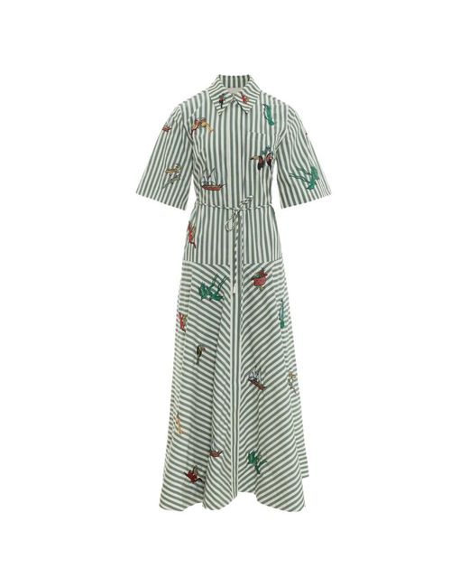 ALÉMAIS Green Embroidered Striped Shirt Dress