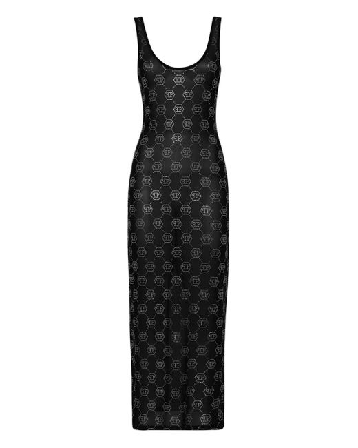 Philipp Plein Black Long Dress Monogram Strass