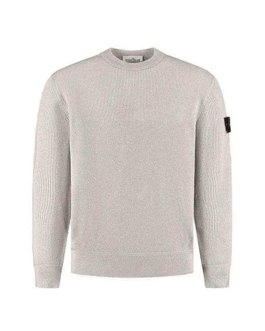 Stone Island White Logo-Patch Ribbed-Knit Sweater for men