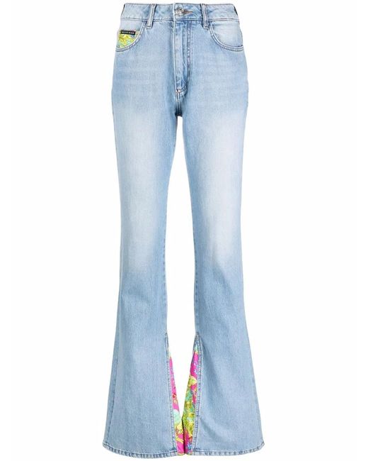 Philipp Plein Blue Floral Insert Flared Jeans