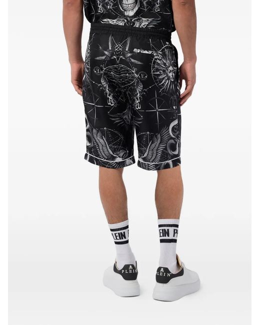 Philipp Plein Black Printed Silk Shorts for men