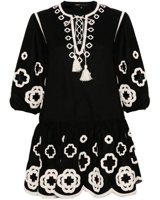 Maje Black Clover-embroidered Peplum Minidress