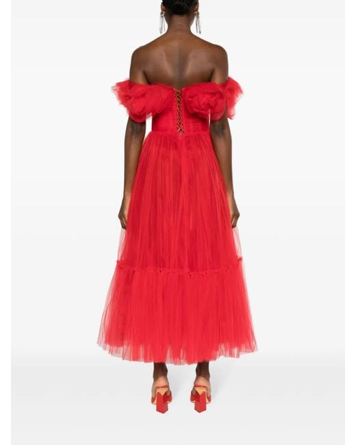 Ana Radu Red Floral-Appliqué Tulle Midi Dress