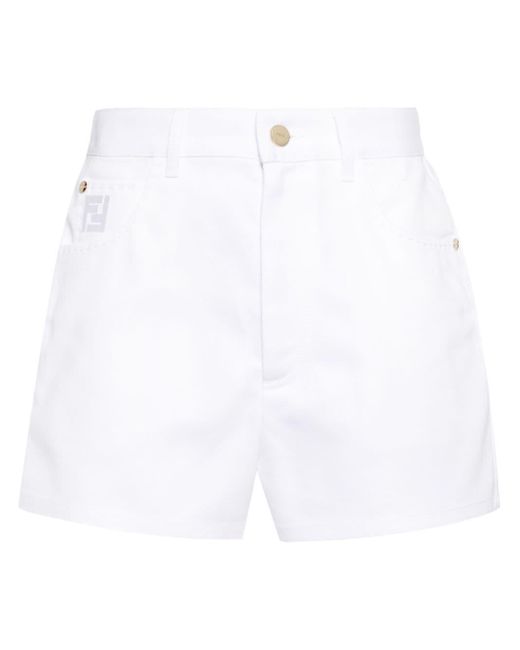 Fendi White Ff-motif Denim Shorts