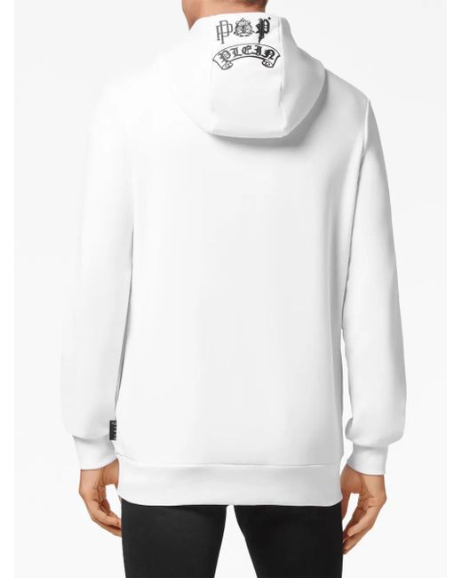 Philipp Plein White Skull-Print Crystal-Embellished Hoodie