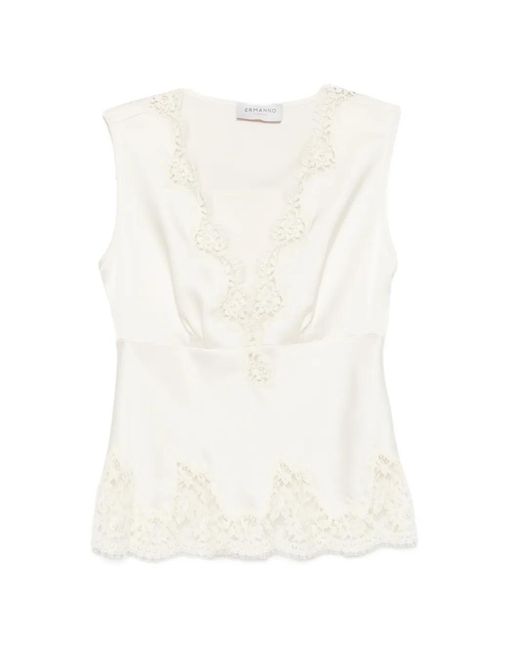 ERMANNO FIRENZE White Lace-Trim Satin Top