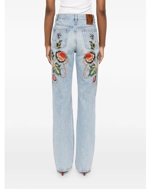 Valentino Garavani Blue Floral-Embroidery Jeans