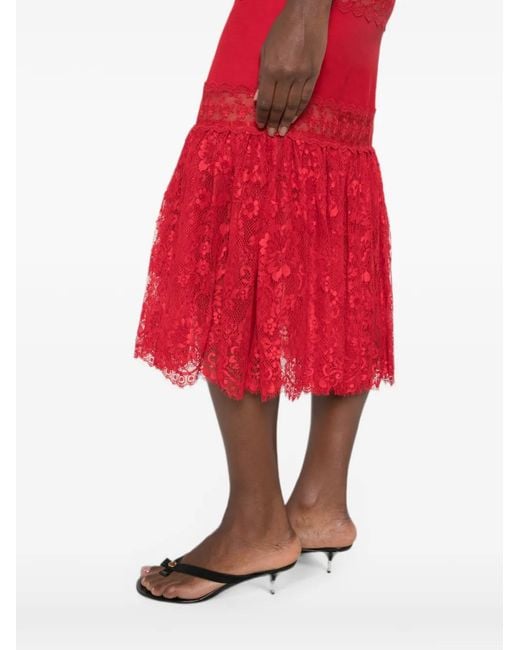 Self-Portrait Red Lace-Panelled Belted Midi Dress