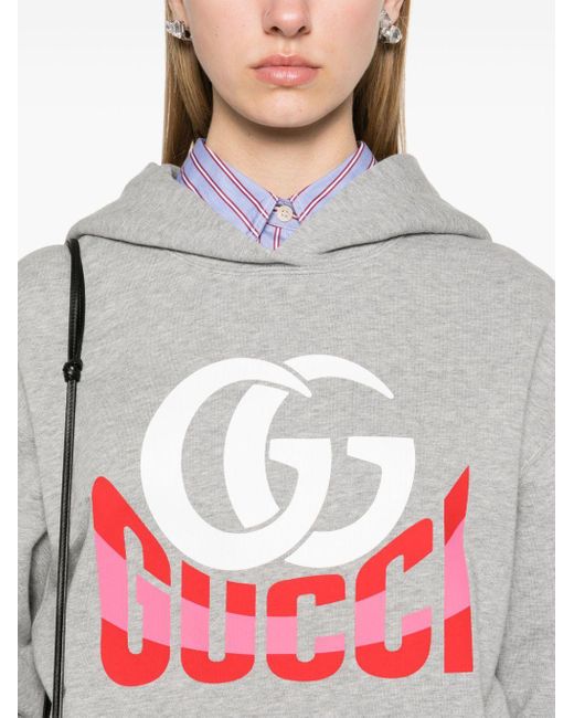 Gucci Gray Logo Printed Cotton Mélange Hoodie