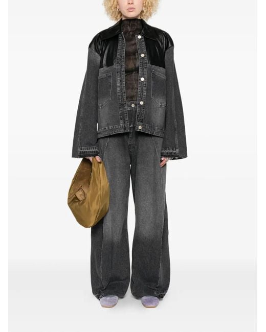 Litkovskaya Black Leather-Panel Denim Jacket