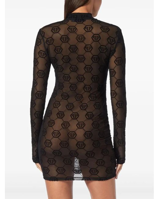Philipp Plein Black Monogram Semi-Sheer Tulle Dress