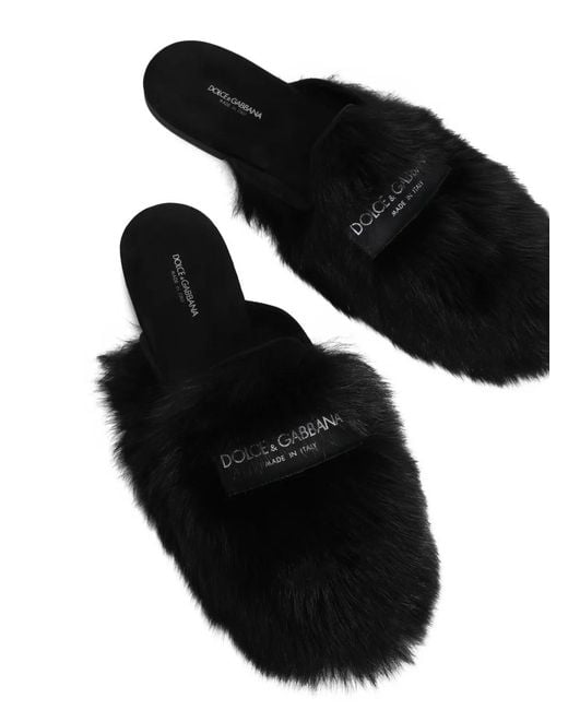Dolce & Gabbana Black Shearling And Suede Slippers