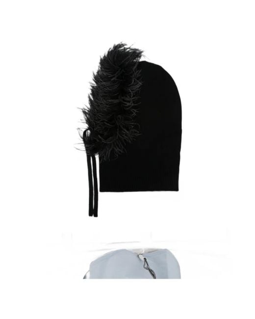 P.A.R.O.S.H. Black Lestat Feather-Trim Knitted Beanie Hat