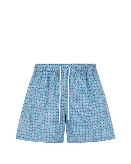 Fedeli Blue Geometric-Print Drawstring Swim Shorts for men