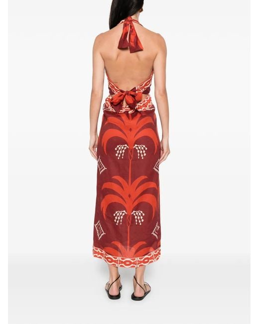Johanna Ortiz Red Buen Viento Printed Halterneck Dress
