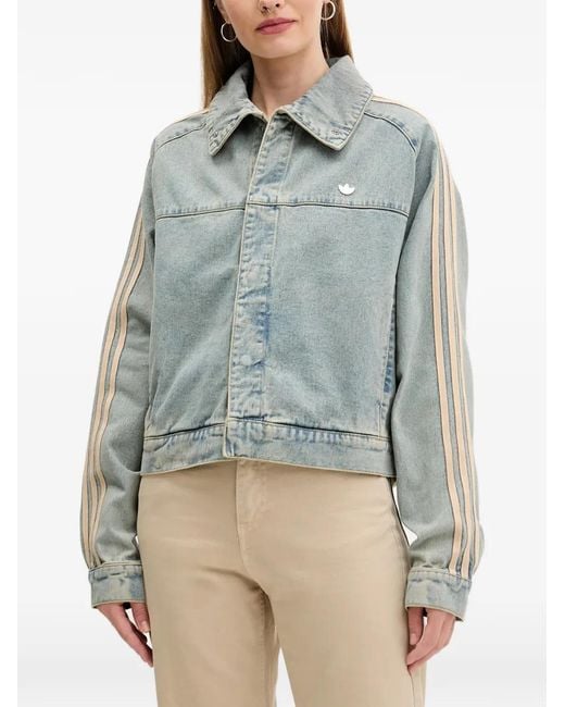 Adidas Blue Stripe-Detail Logo-Plaque Denim Jacket