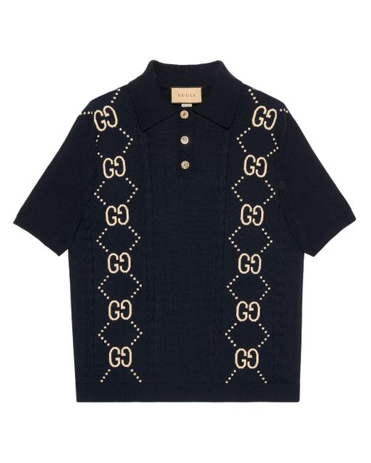 Gucci Blue Knitted GG Polo Shirt for men