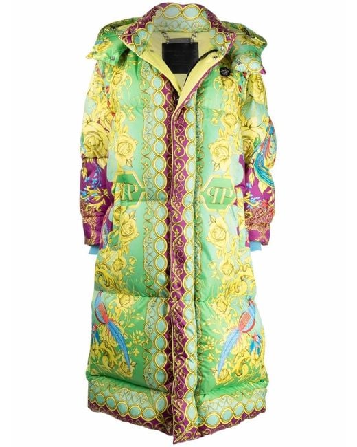 Philipp Plein Green Baroque-Print Long Padded Jacket