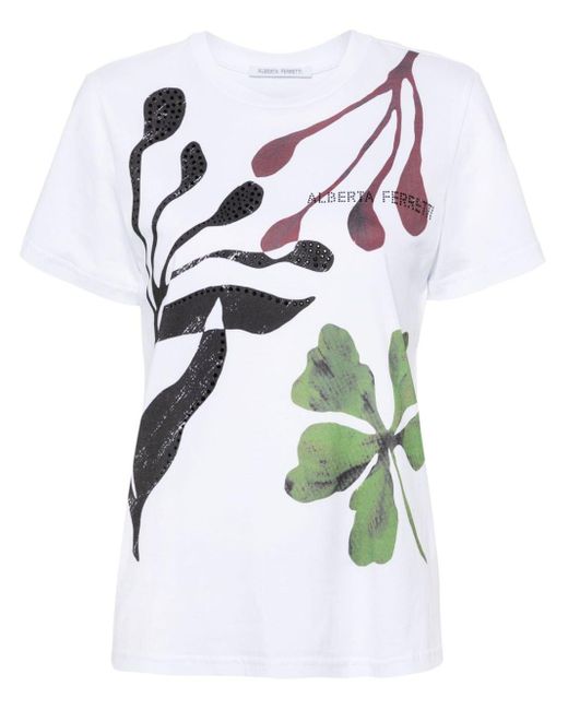 Alberta Ferretti White Rhinestone-logo Cotton T-shirt