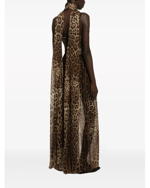 Dolce & Gabbana Natural Leopard-Print Halterneck Silk Gown