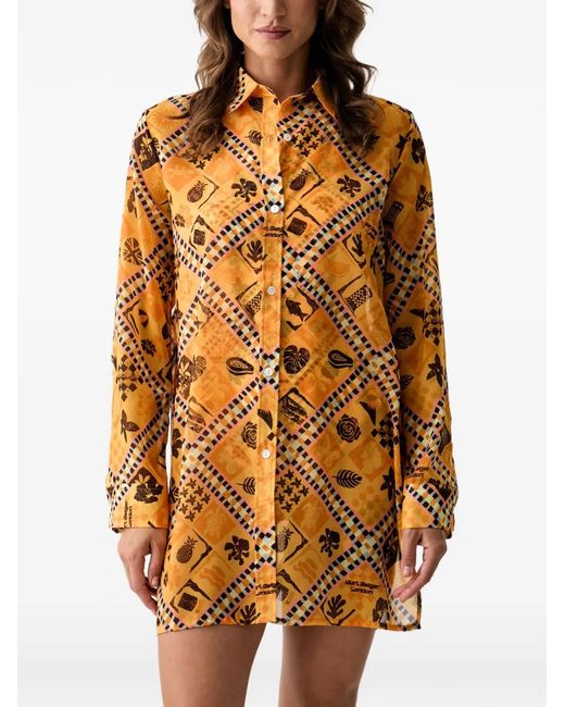 Kurt Geiger Orange Resort Graphic-Print Button-Up Mini Shirt Dress
