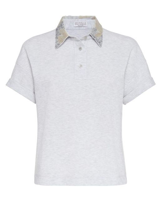 Brunello Cucinelli White Embellished-collar Cotton Polo Shirt