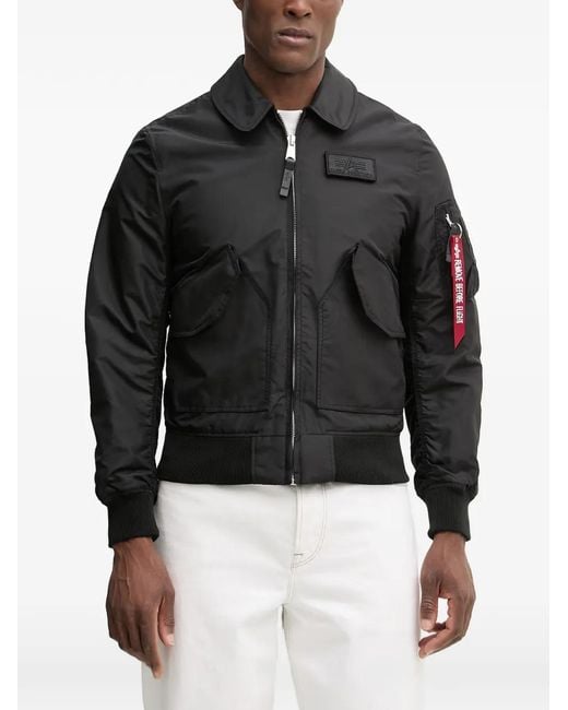 Alpha Industries Black Logo-Patch Zip-Up Bomber Jacket for men