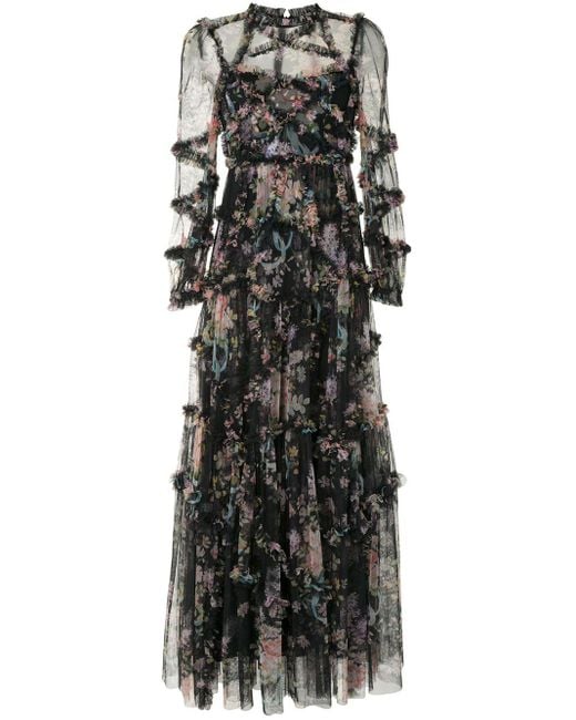 Needle & Thread Black Floral Diamond Ruffle Dress